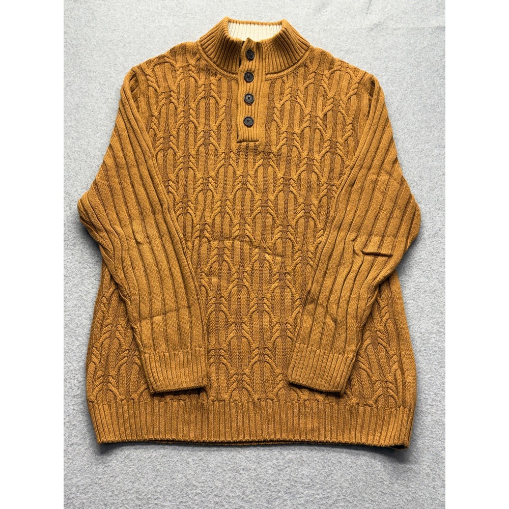 Tasso Elba Mens XL Mustard Yellow Cable Knit Cotton Mock Neck Button Sweater